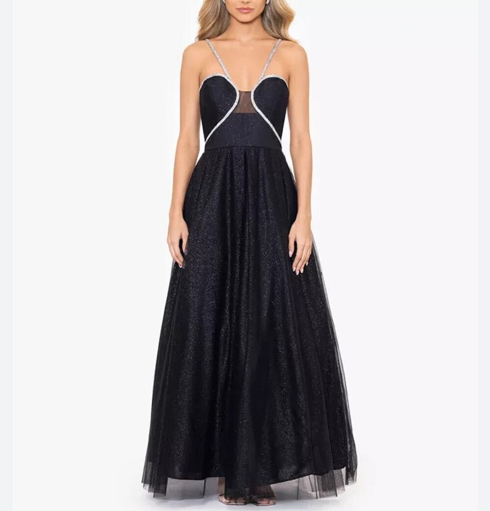 Blondie Nites Black Evening Gown Beaded Tulle Sleeveless A-Line Dress Size 7
